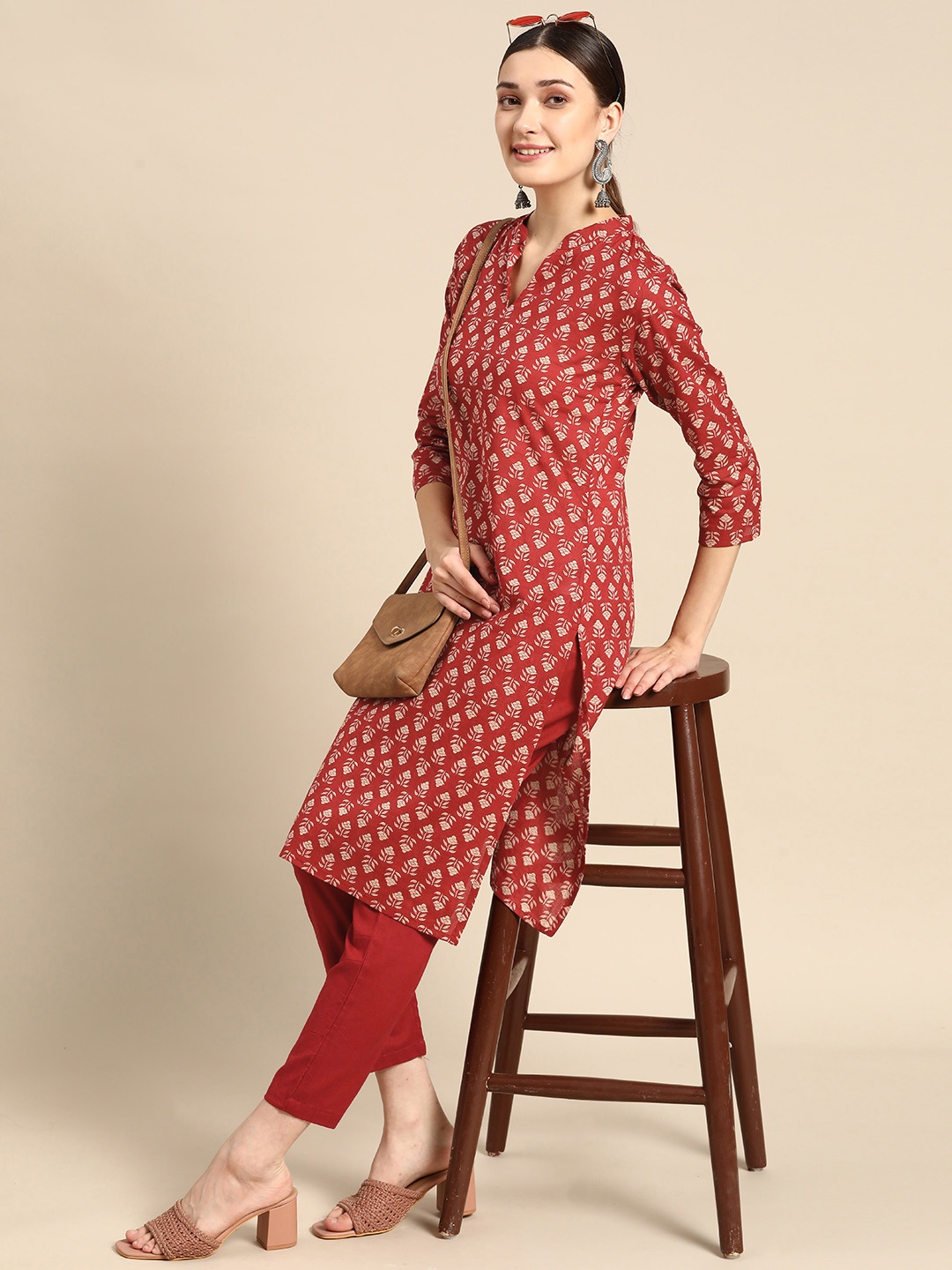 

Sangria Women Red & Beige Ethnic Motifs Printed Pure Cotton Kurta with Trousers
