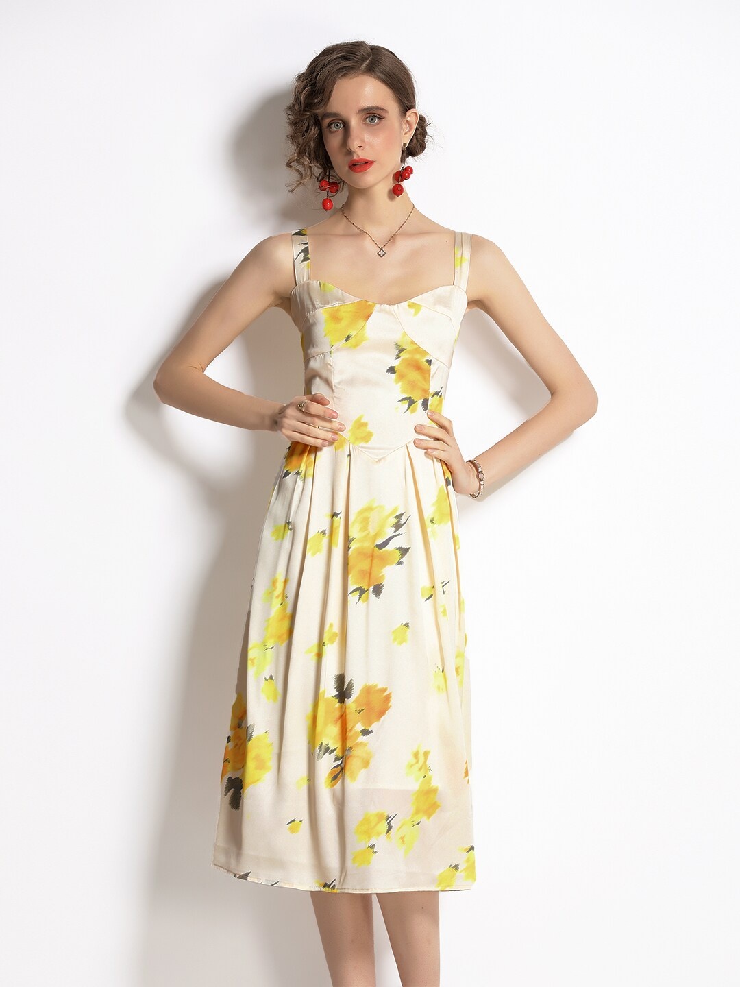

JC Collection Cream-Coloured & Yellow Floral Midi Dress