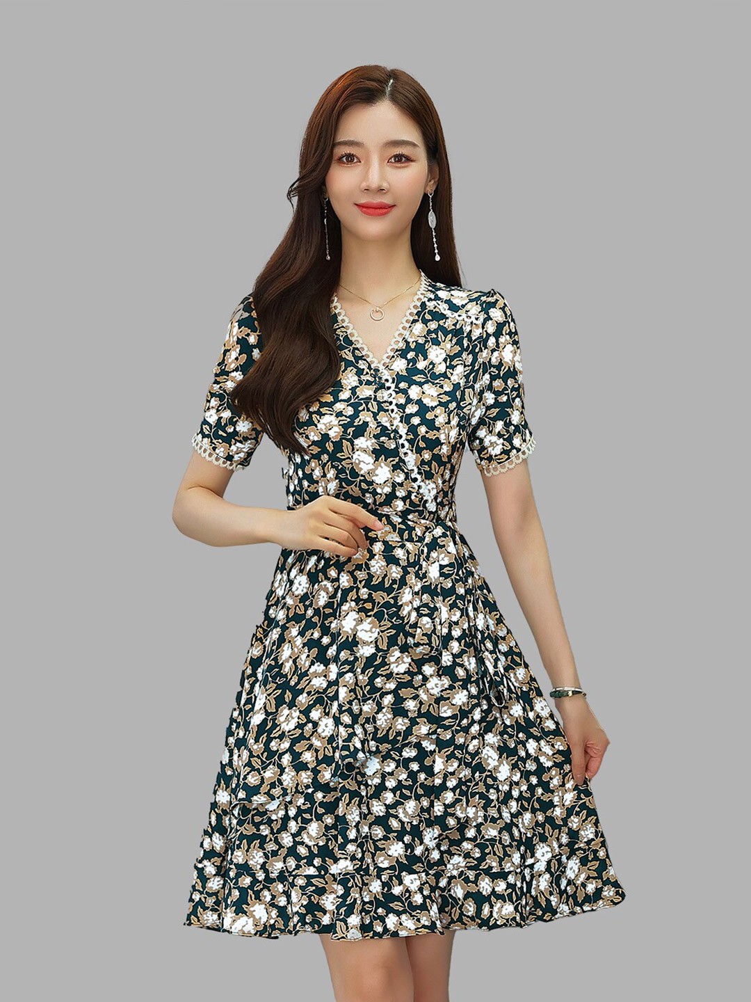 

JC Collection Women Green Floral A-Line Dress