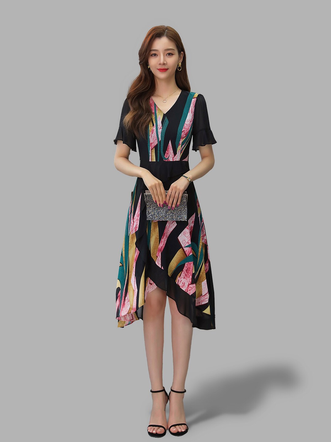 

JC Collection Women Pink & Black Floral Formal A-Line Midi Dress