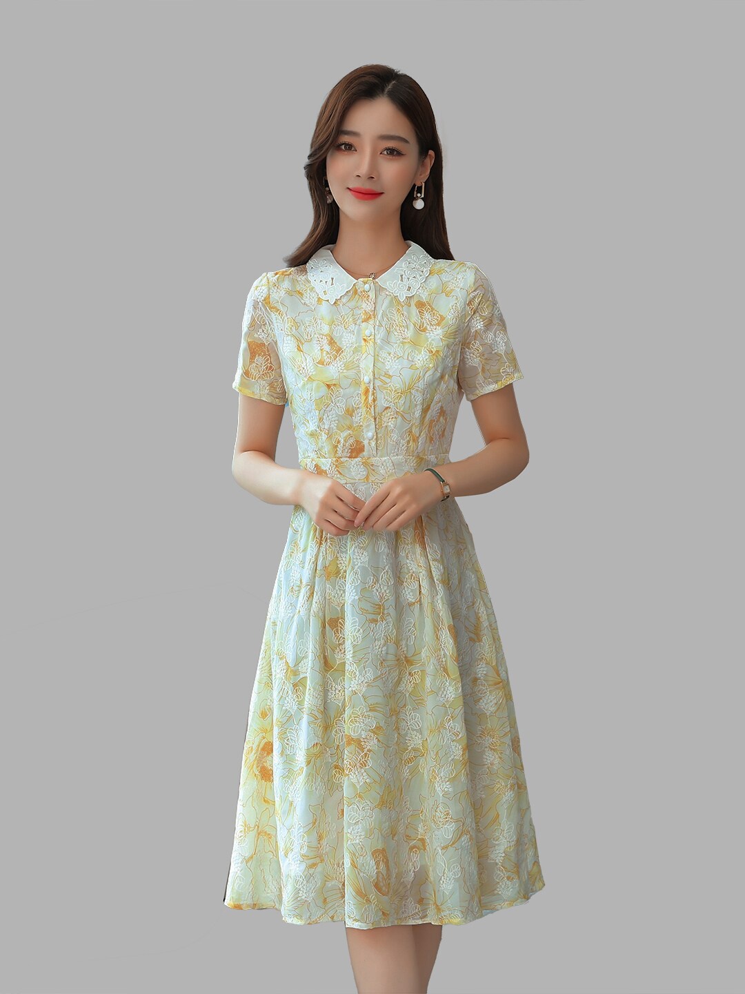 

JC Collection Yellow Floral Printed Peter Pan Collar Dress