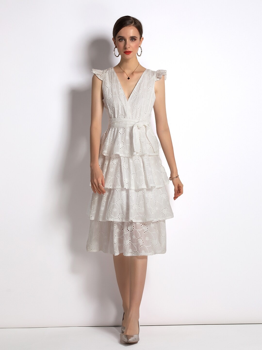

JC Collection White Layered Schiffli Fit & Flare Dress
