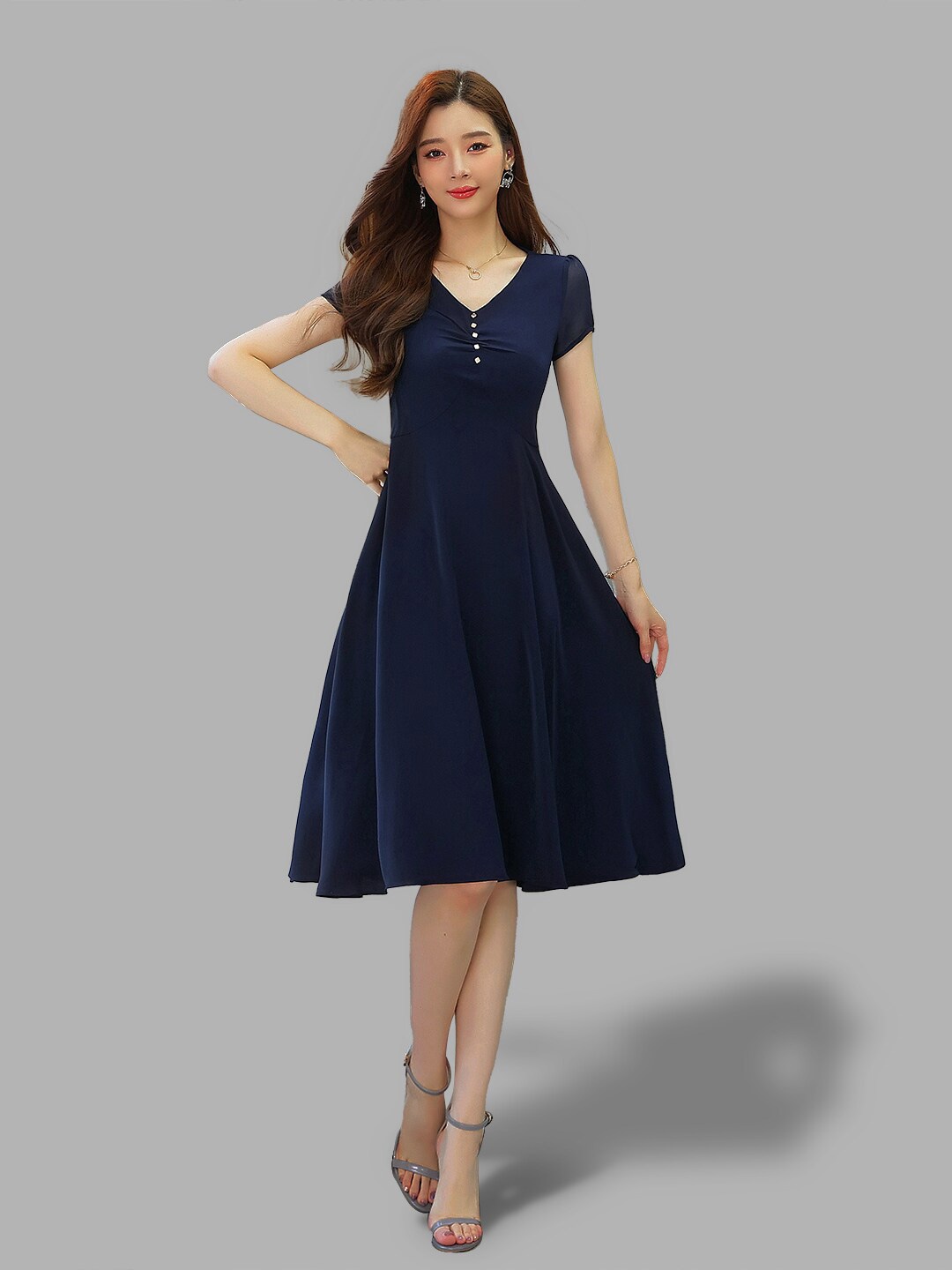 

JC Collection Navy Blue V-Neck A-Line Dress