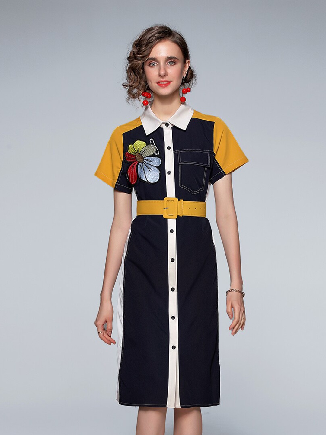 

JC Collection Black & Mustard Yellow Colourblocked A-Line Dress
