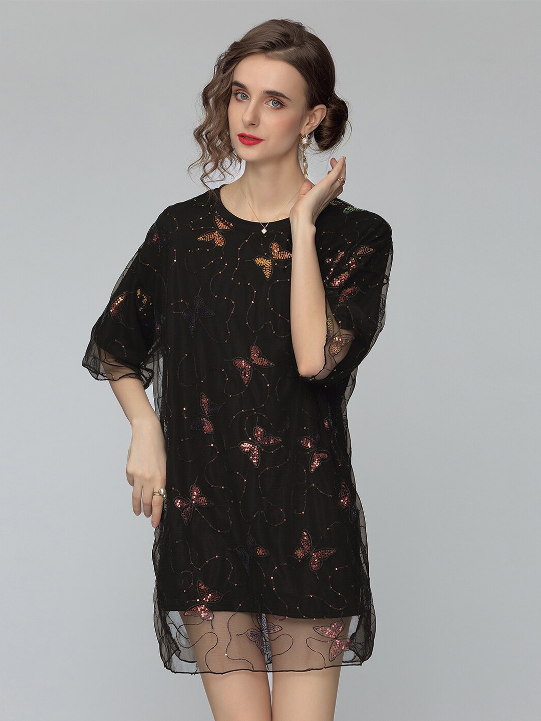 

JC Collection Black & Red Floral A-Line Mini Dress