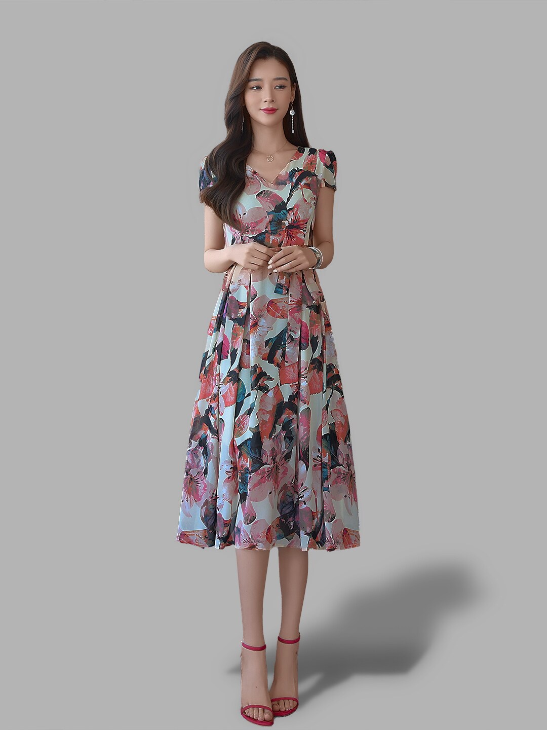 

JC Collection Pink & Blue Floral Midi Dress