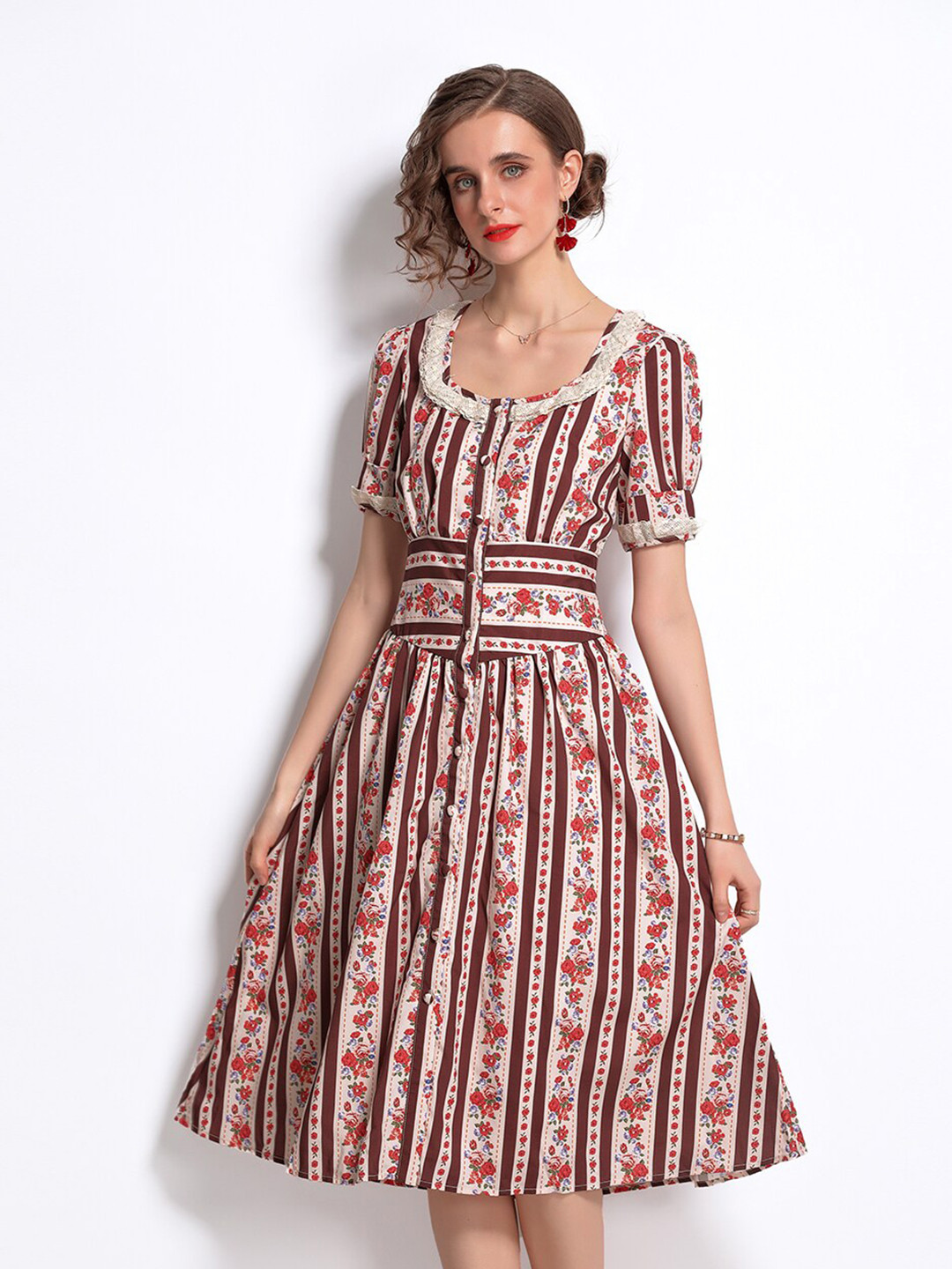 

JC Collection Red & Cream-Coloured Striped Floral Printed Dress