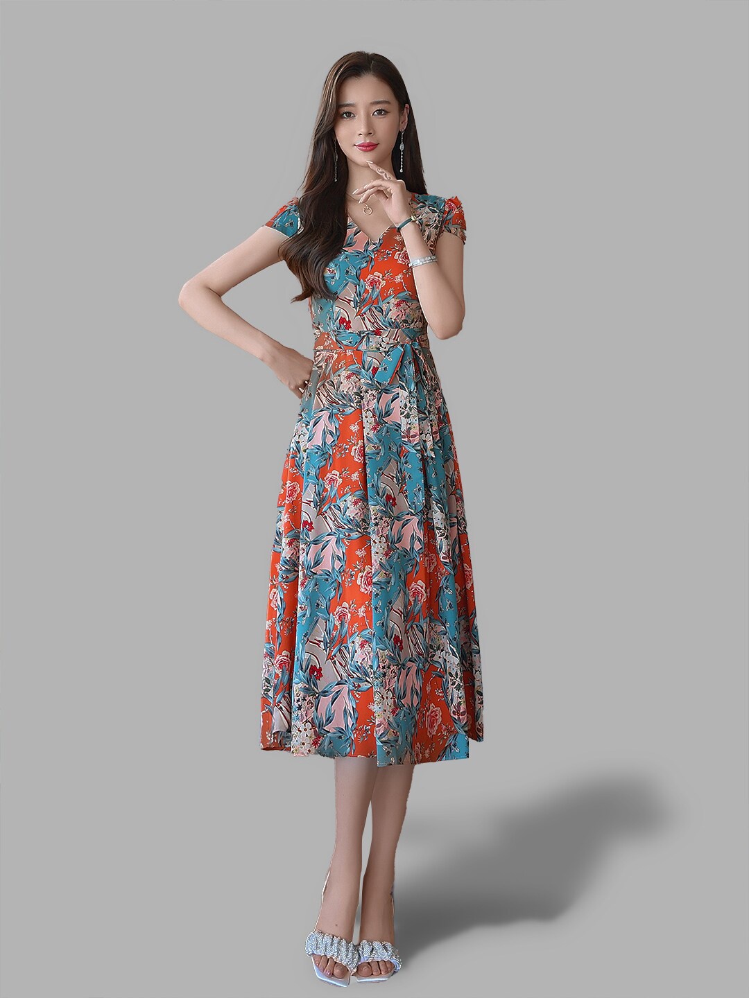 

JC Collection Women Orange Floral A-Line Midi Dress