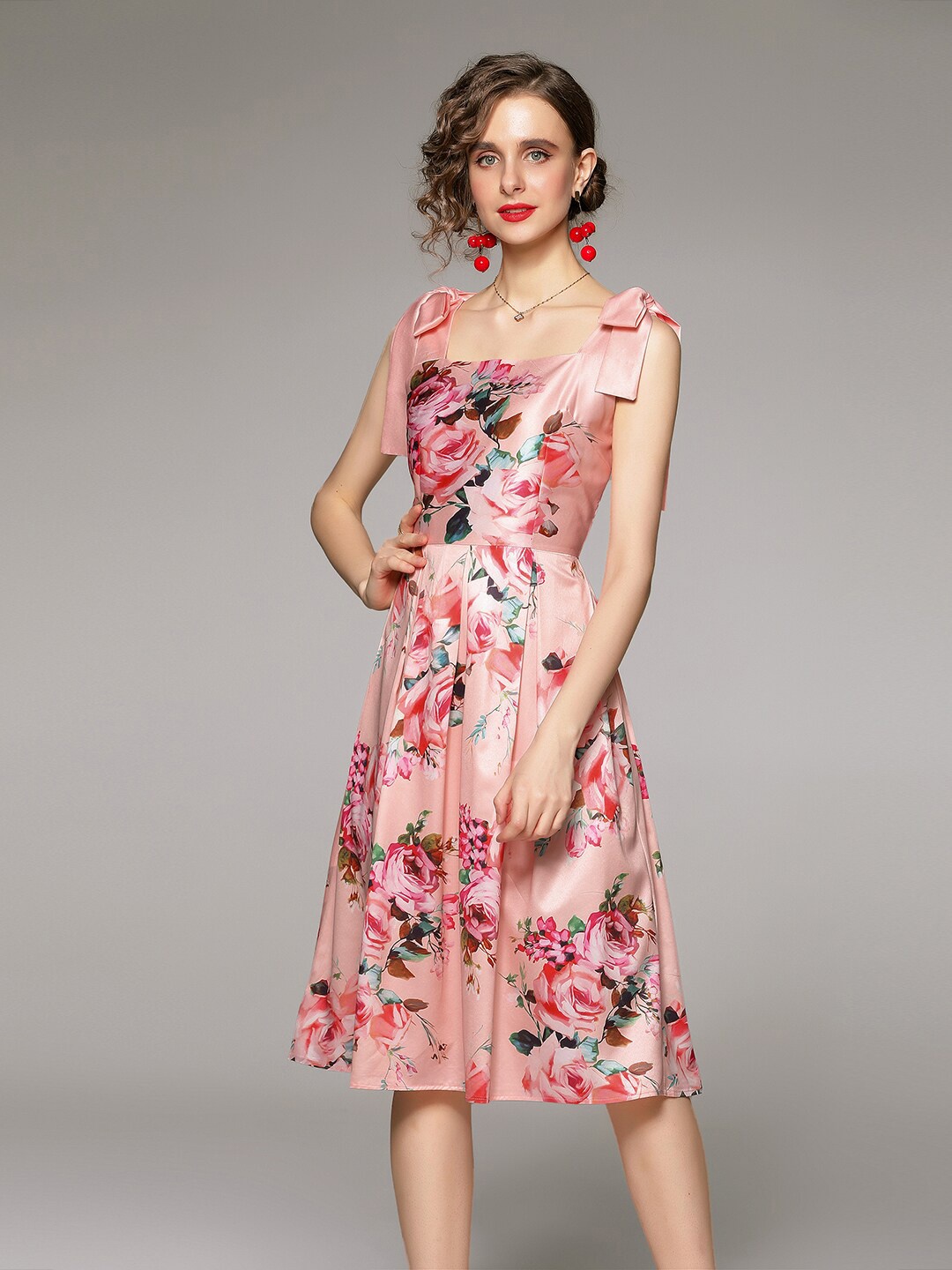 

JC Collection Pink Floral Print Pleated Shoulder Ribbons Dress
