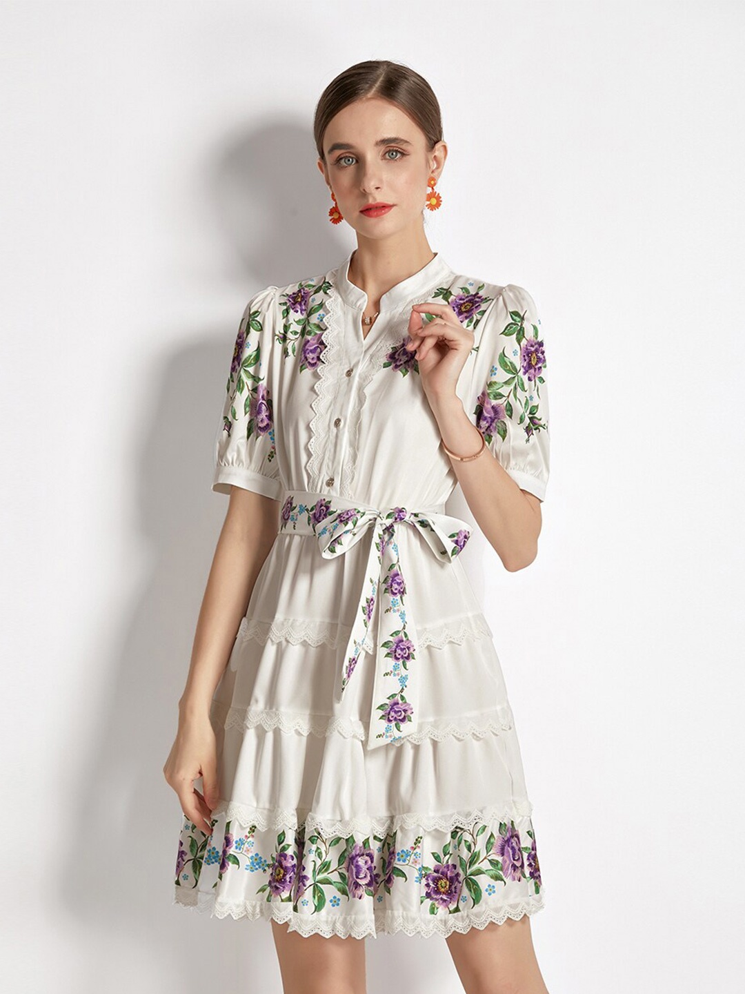 

JC Collection Women White Floral Print Tiered Dress