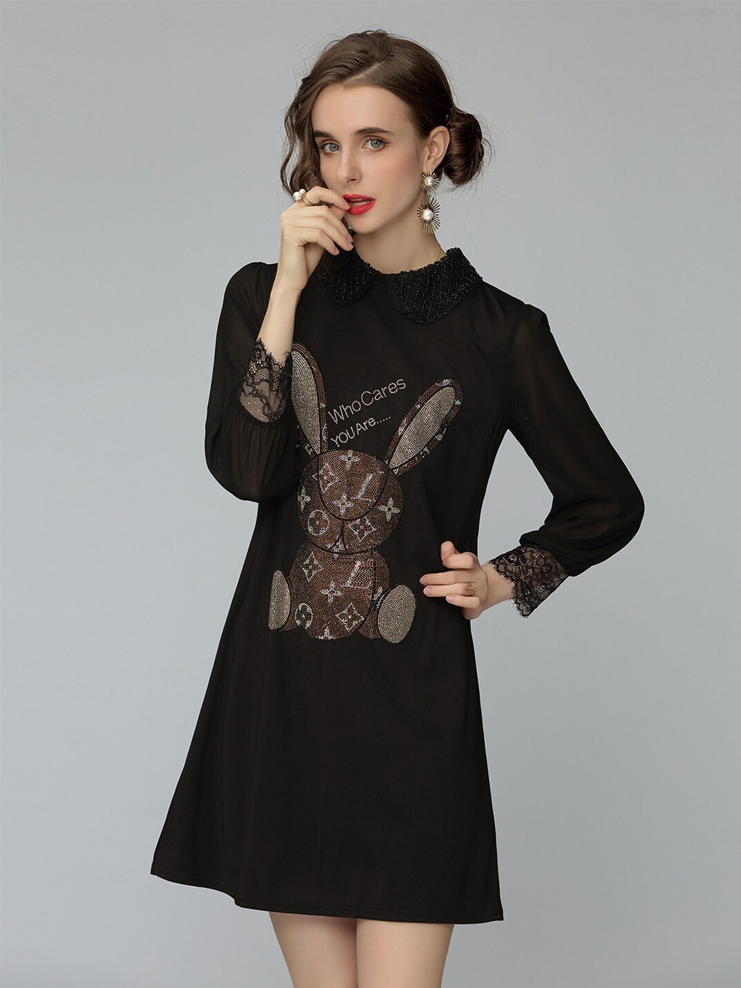 

JC Collection Women Black Embellished Peter Pan Collar A-Line Dress