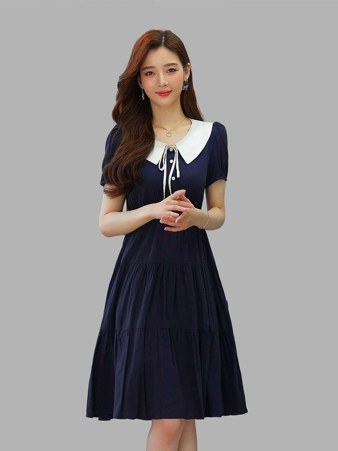 

JC Collection Women Navy Blue Peter Pan Collar A-Line Dress