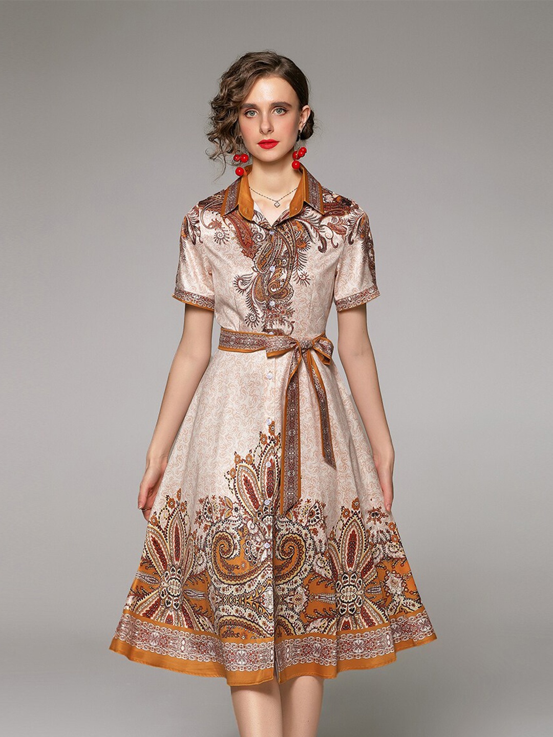 

JC Collection Ethnic Motifs A-Line Midi Dress, Rust