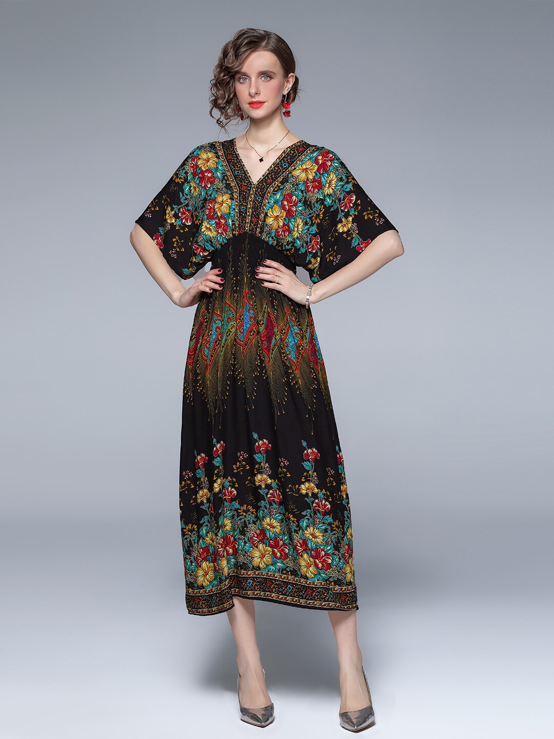

JC Collection Black Floral Blouson Maxi Dress