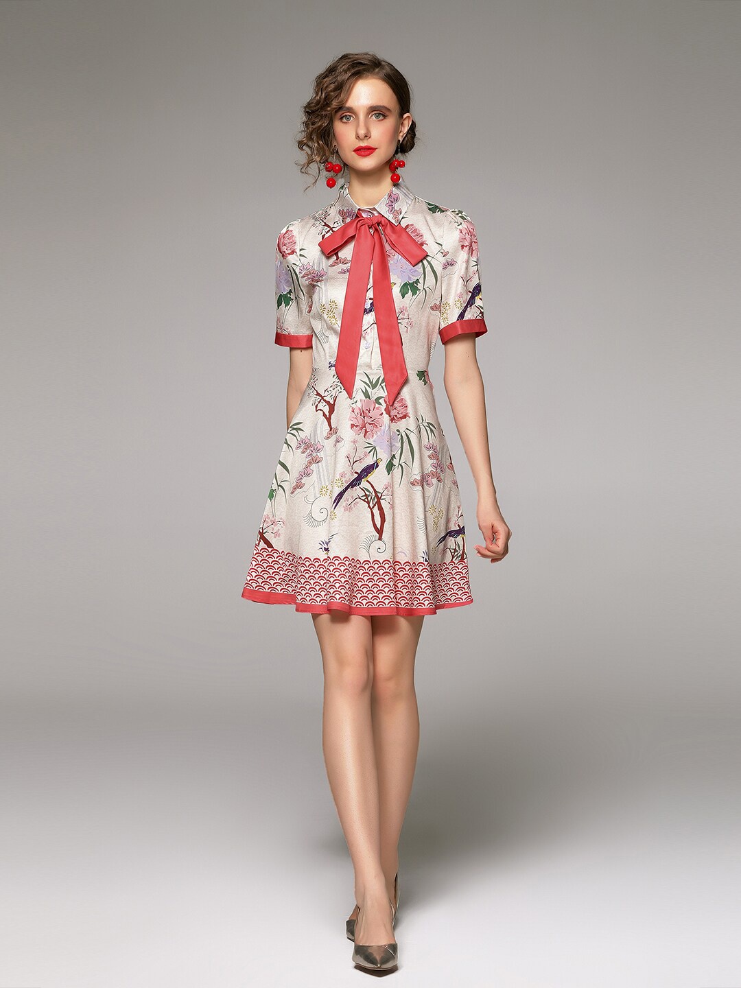 

JC Collection Multicoloured Floral Tie-Up Neck A-Line Dress, Cream