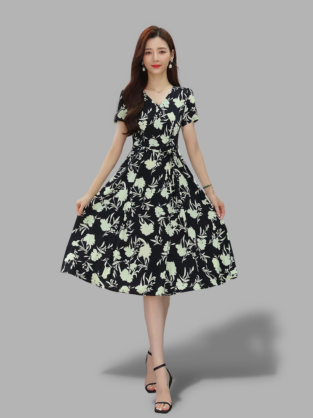 

JC Collection Women Black & Lime Green Floral Dress