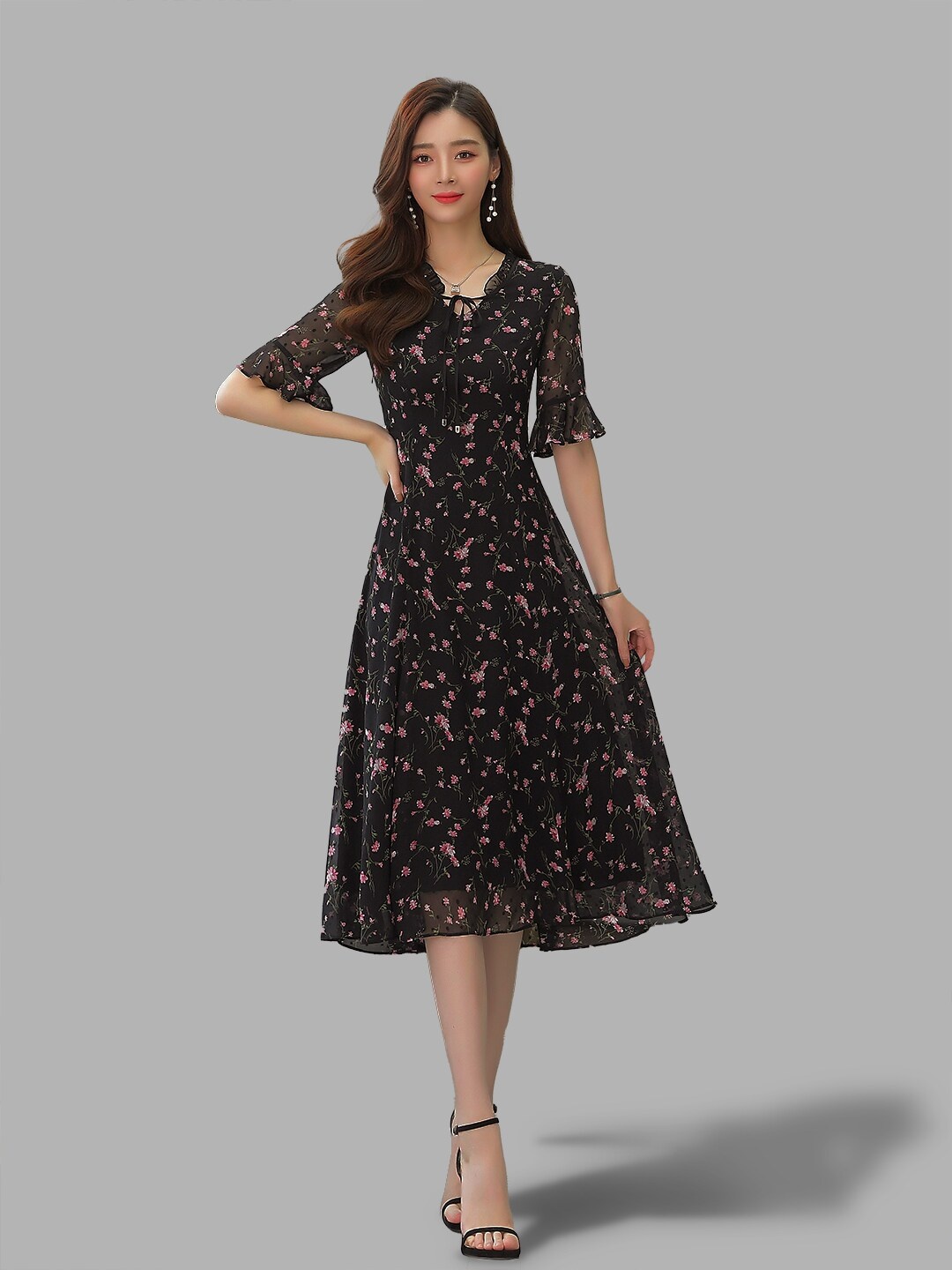 

JC Collection Women Black Floral A-Line Dress