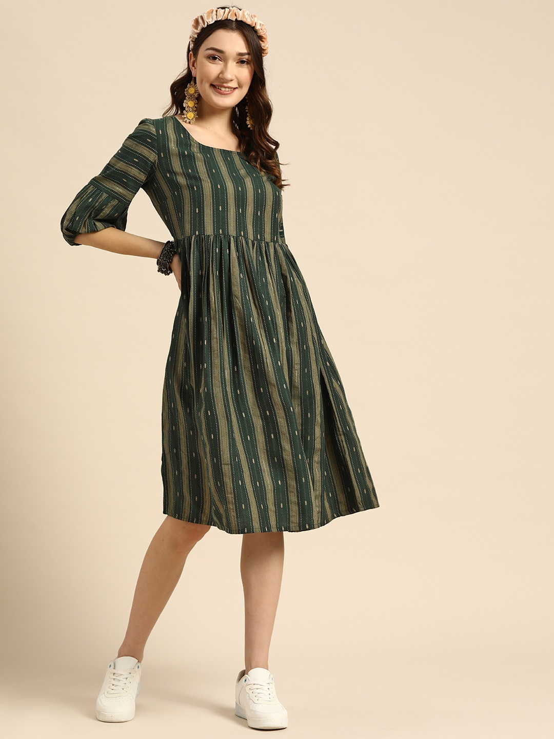 

Sangria Green Striped A-Line Ethnic Dress
