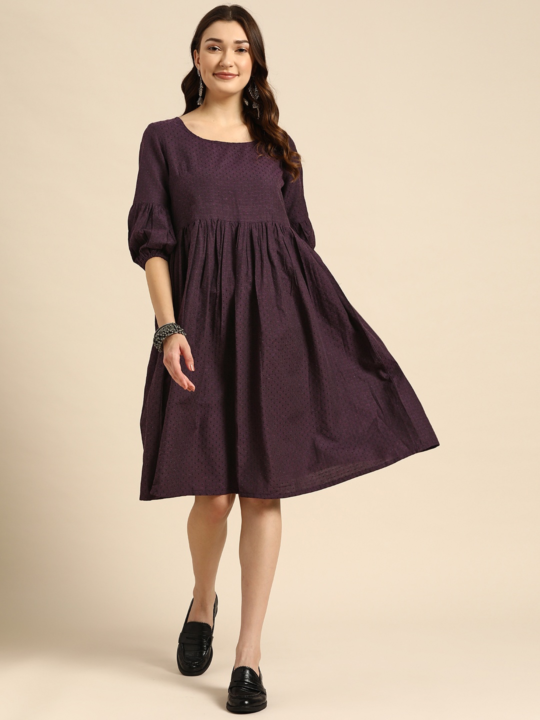 

Sangria Purple Woven Design A-Line Ethnic Dress