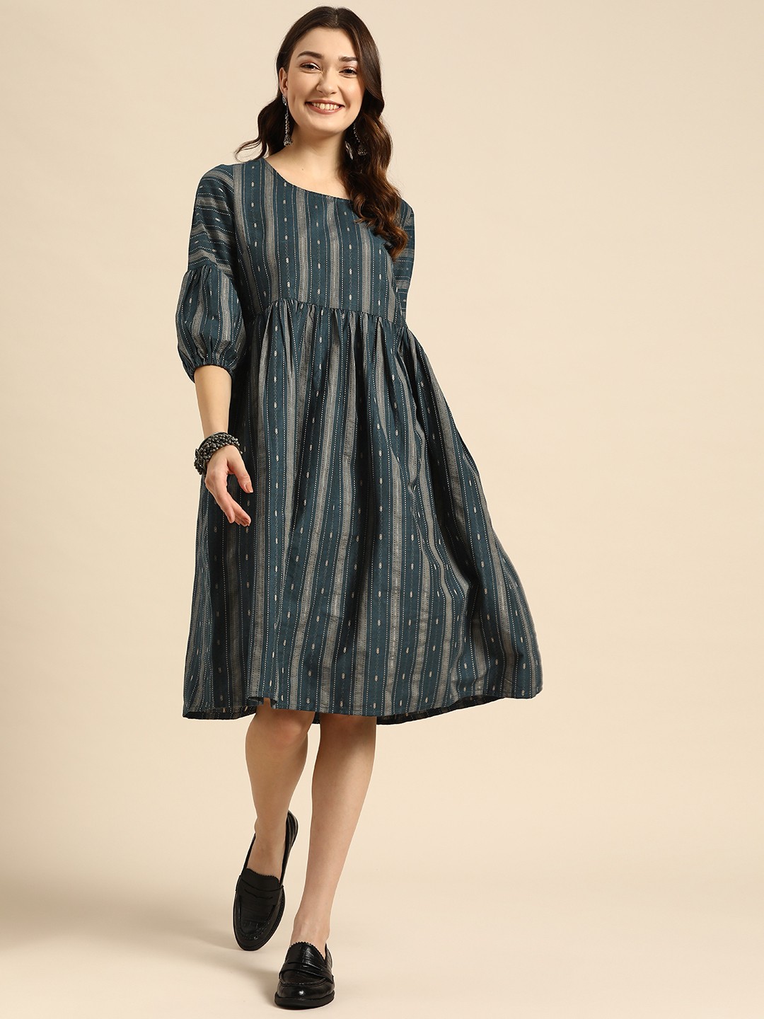 

Sangria Blue Striped A-Line Ethnic Dress