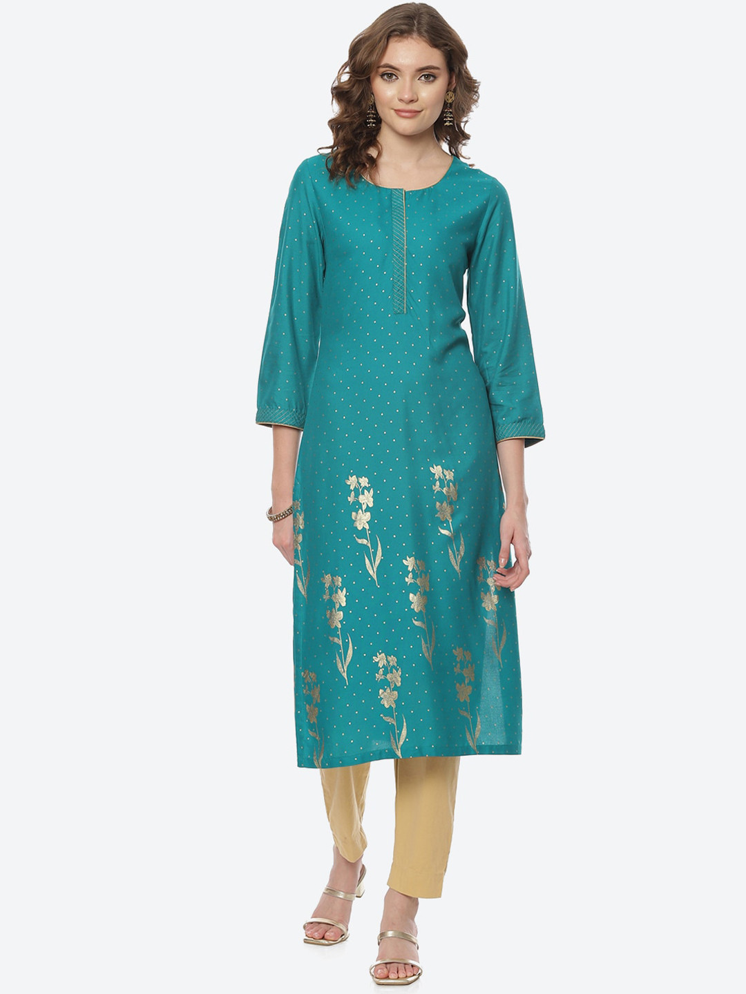 

Rangriti Women Turquoise Blue Ethnic Motifs Embroidered Keyhole Neck Kurta