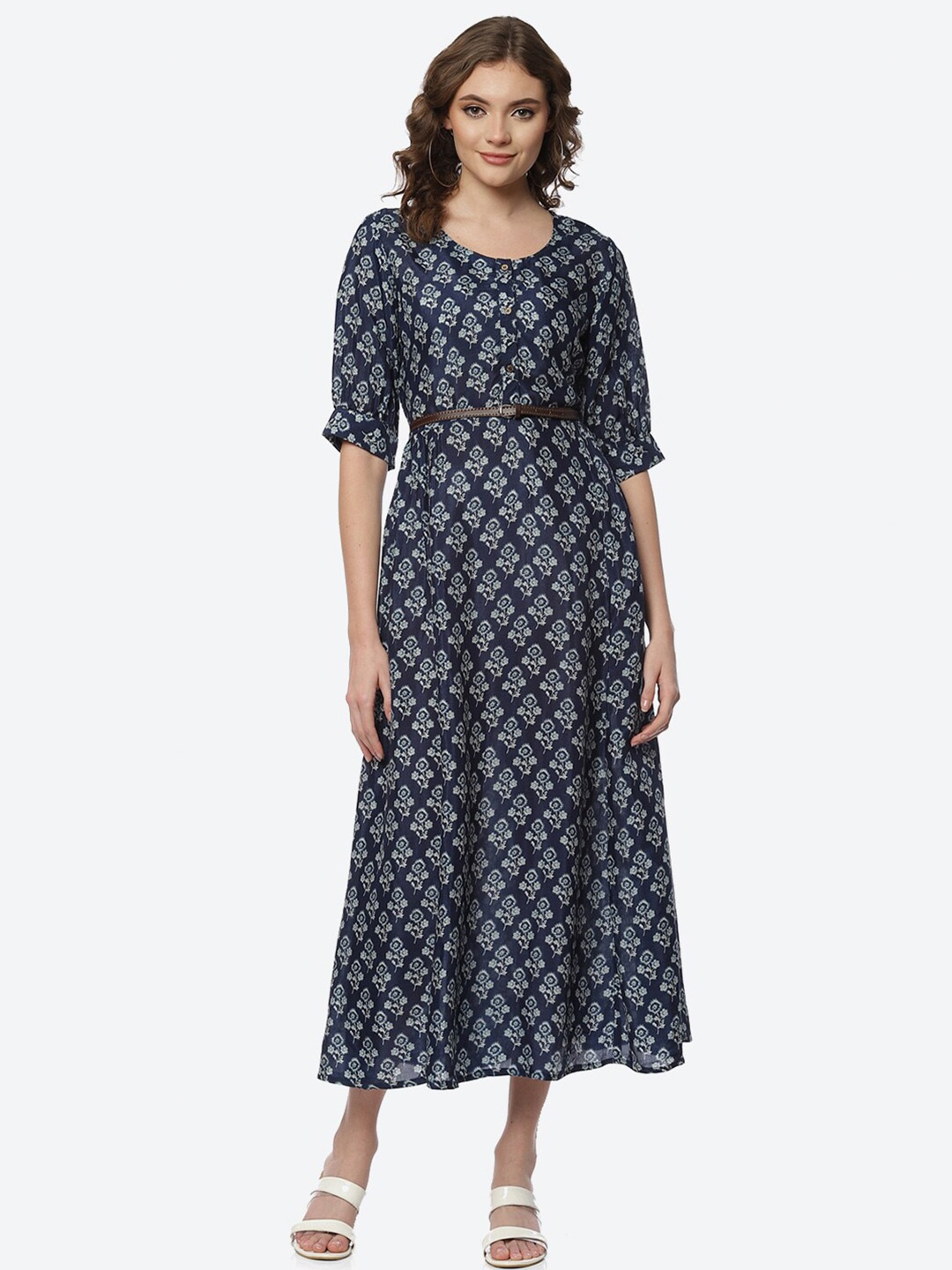 

Rangriti Blue Floral A-Line Midi Dress