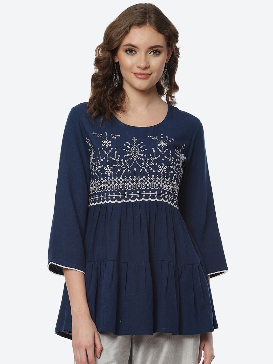 

Rangriti Navy Blue Floral Embroidered Tiered Longline Top