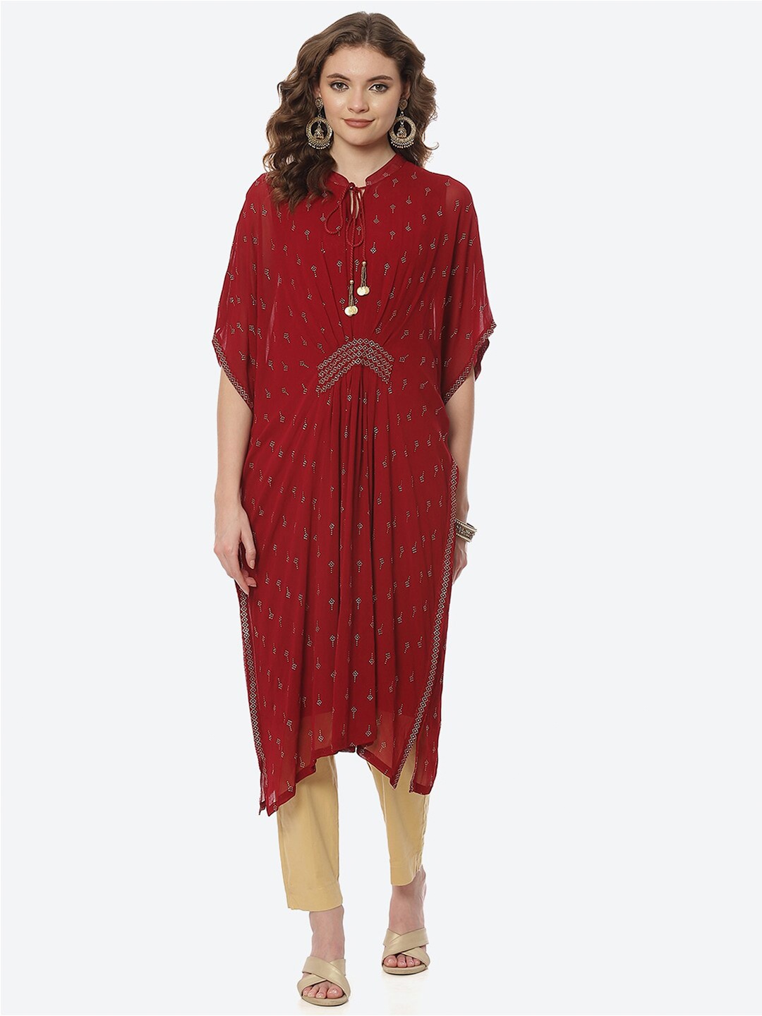 

Rangriti Women Maroon Geometric Printed Extended Sleeves Kaftan Kurta