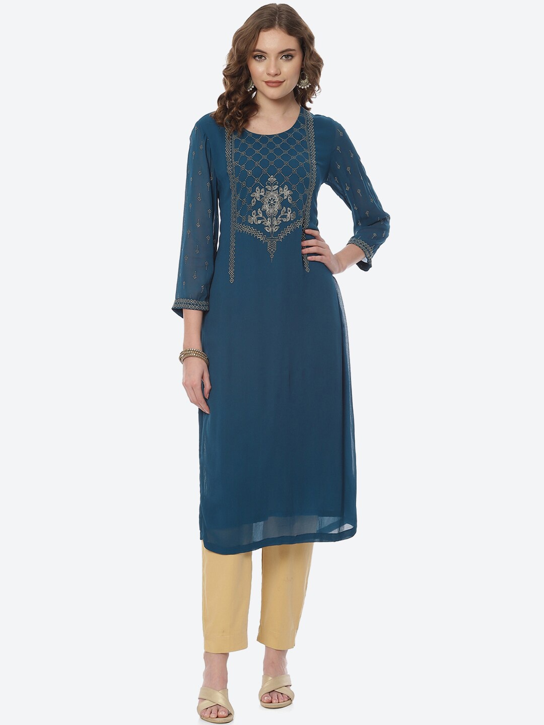 

Rangriti Women Blue Ethnic Motifs Yoke Design Kurta