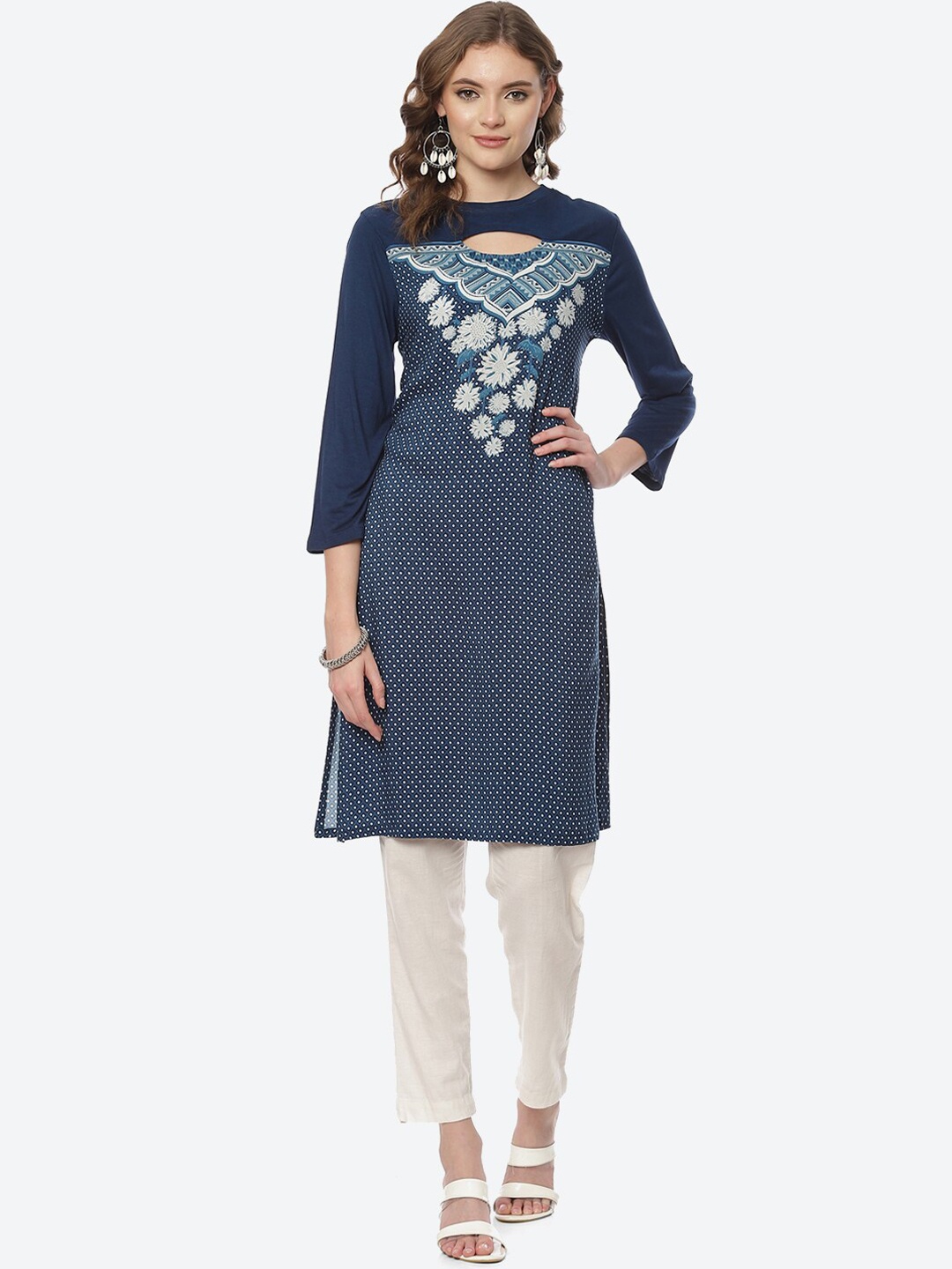 

Rangriti Women Blue Ethnic Motifs Embellished Thread Work Kurta