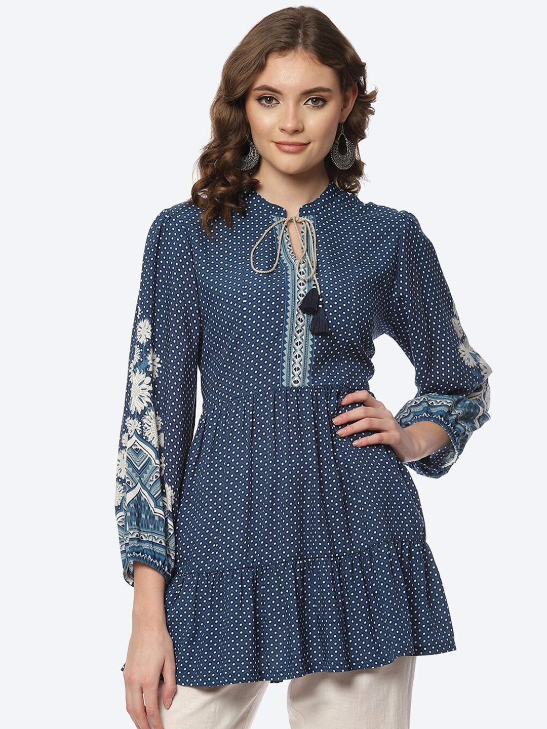

Rangriti Blue Geometric Print Tie-Up Neck Top