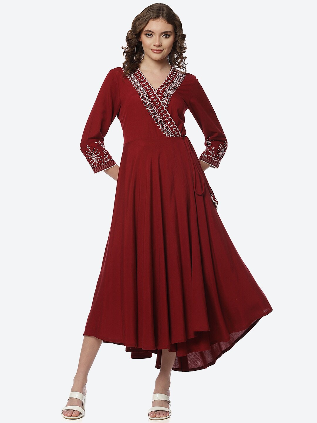 

Rangriti Red Solid Angrakha Midi Dress