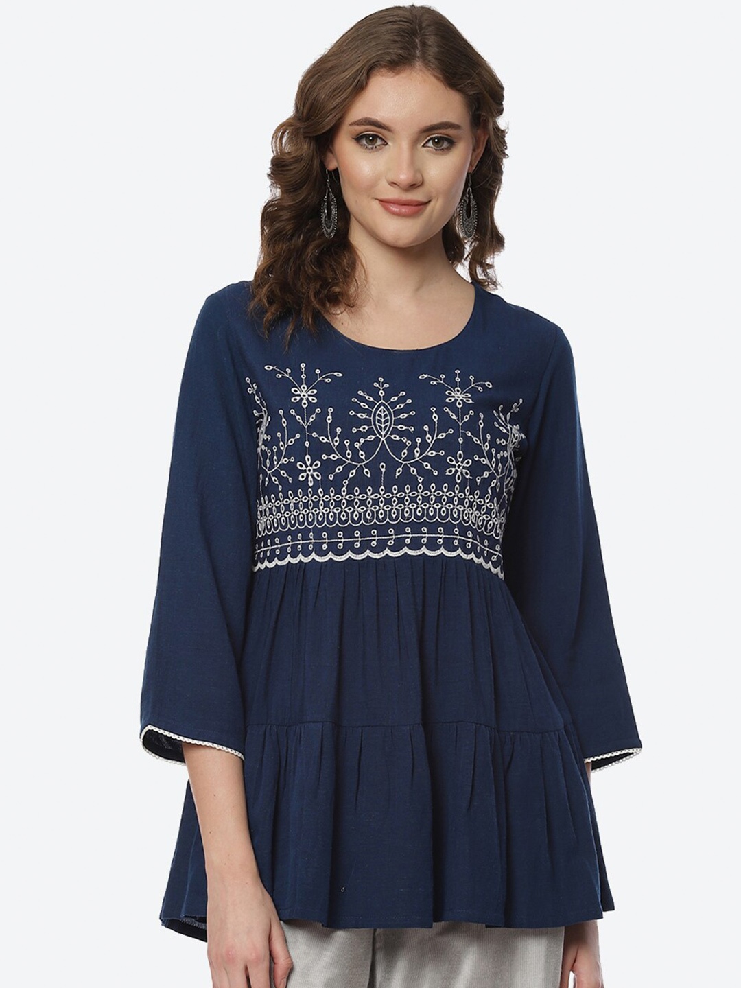 

Rangriti Women Blue Embroidered Tired A-line Top