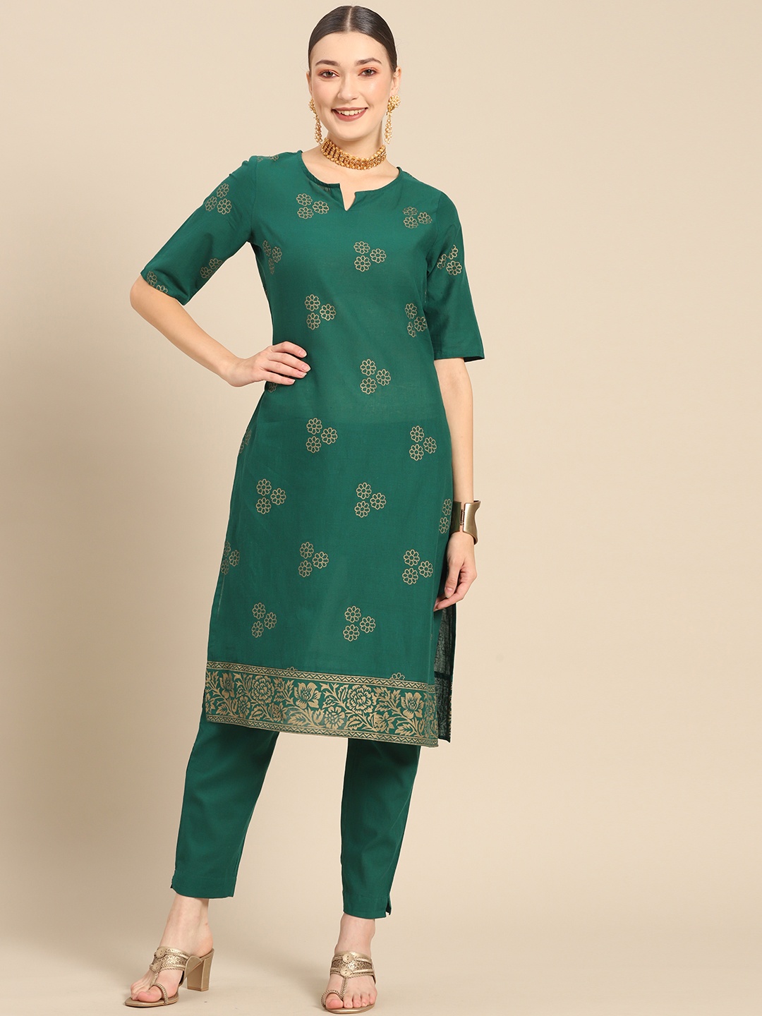 

Sangria Women Teal Green Ethnic Motifs Printed Pure Cotton Kurta with Trousers