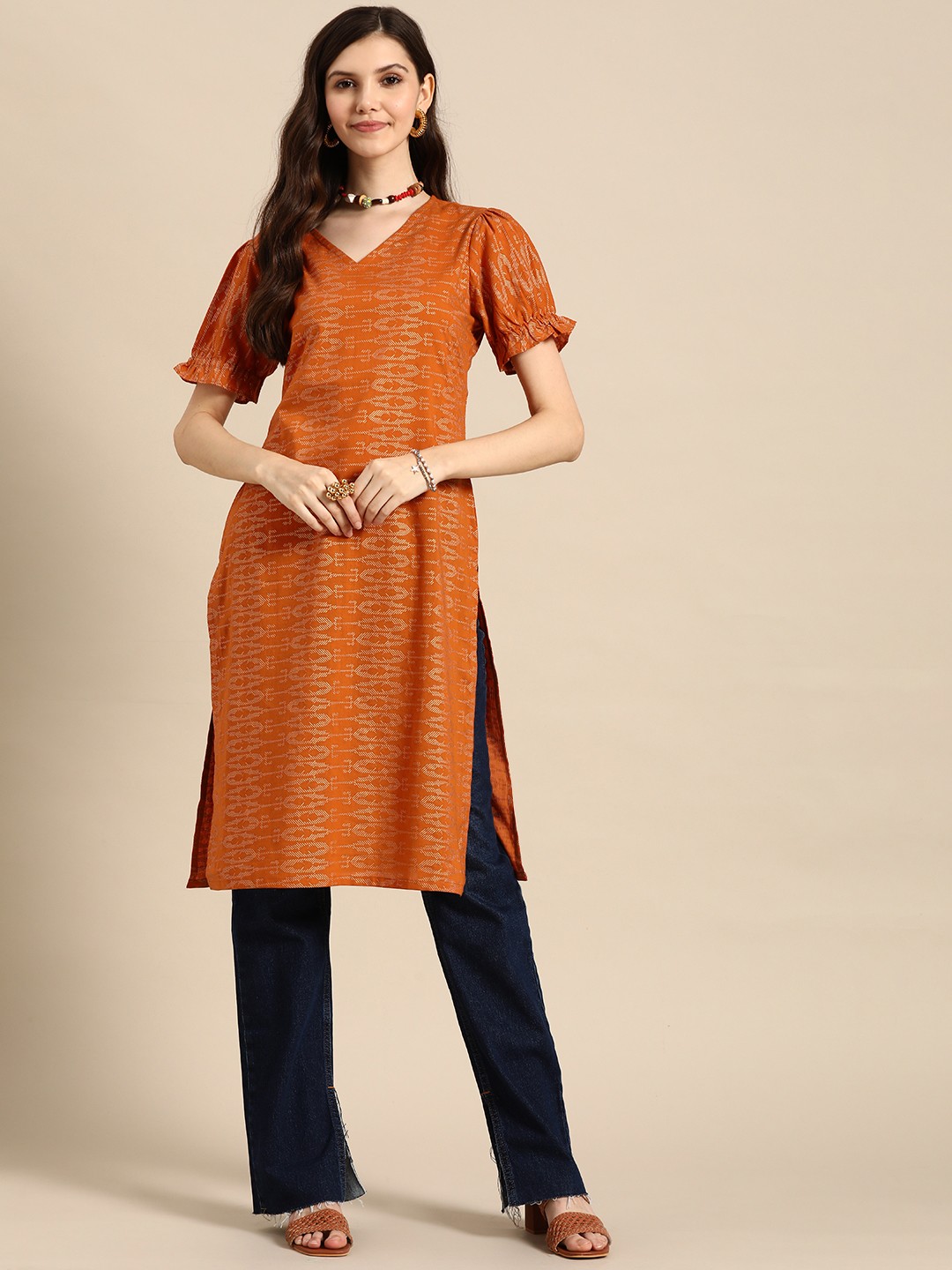 

Sangria Women Rust Orange & Golden Pure Cotton Ethnic Motifs Printed Straight Kurta
