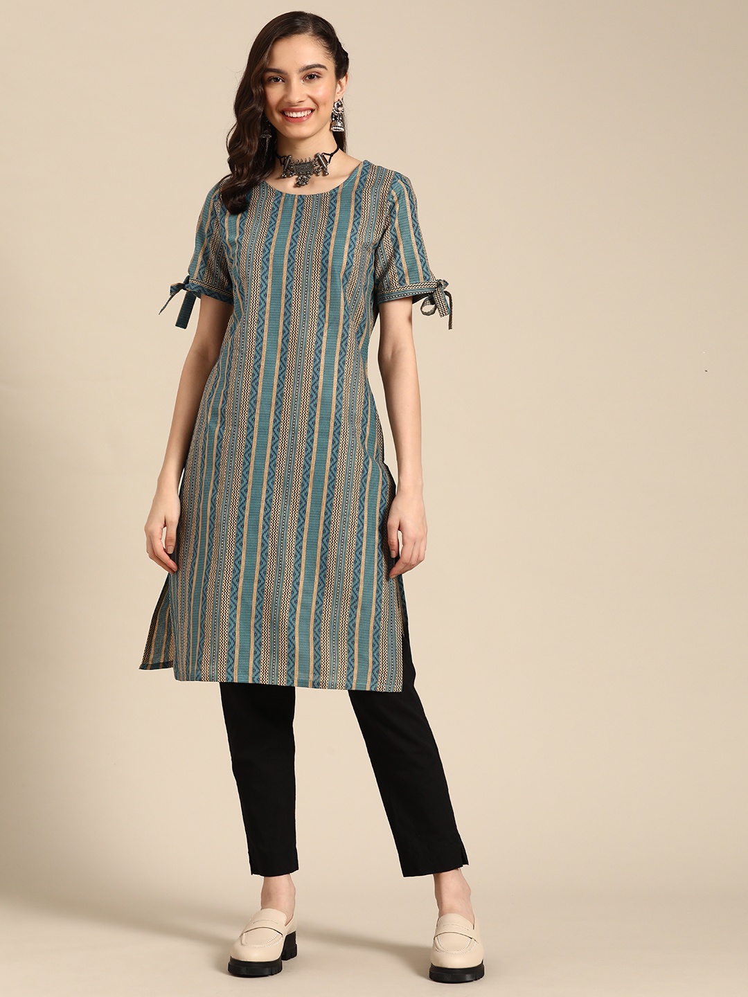 

Sangria Women Blue & Beige Pure Cotton Striped Kurta