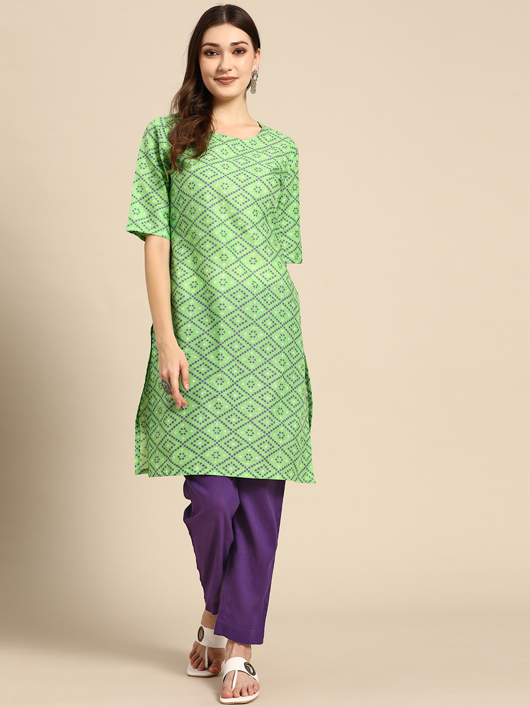 

Sangria Women Green & Purple Pure Cotton Ethnic Motifs Printed Kurta with Trousers