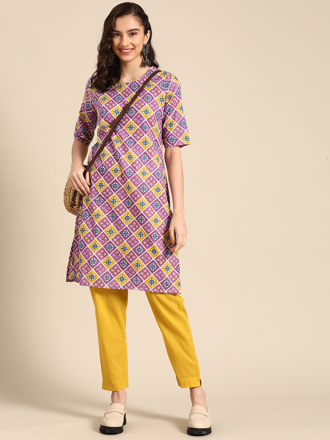 

Sangria Women Purple & Yellow Pure Cotton Ethnic Motifs Printed Kurta with Trousers