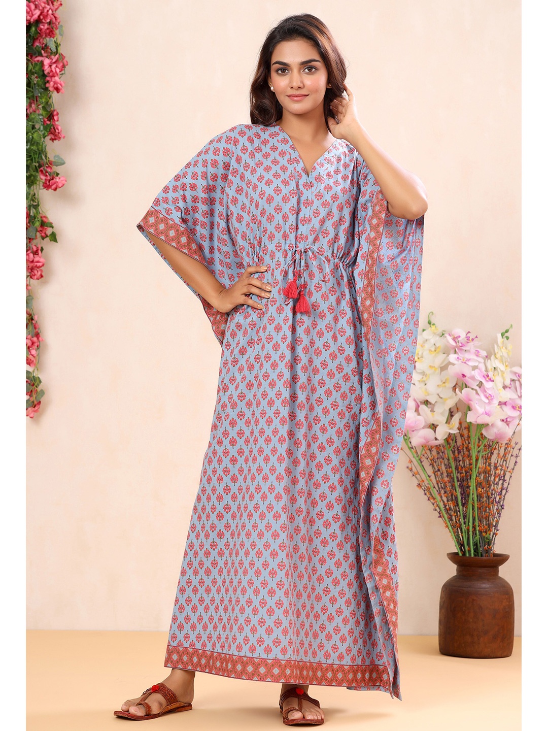 

mirari Women Blue Pure Cotton Printed Maxi Nightdress