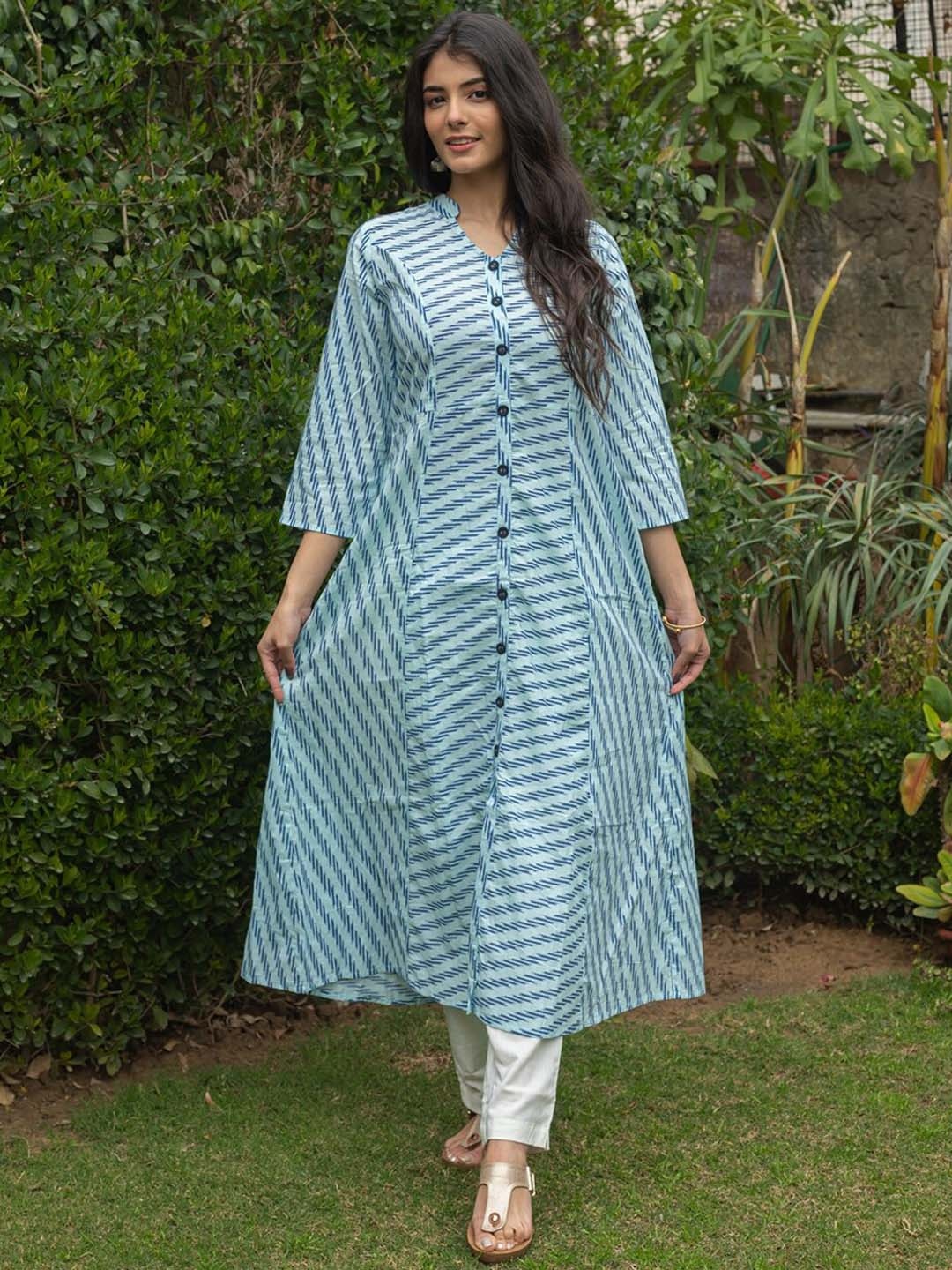 

SVARCHI Women Blue Striped Flared Sleeves Anarkali Kurta