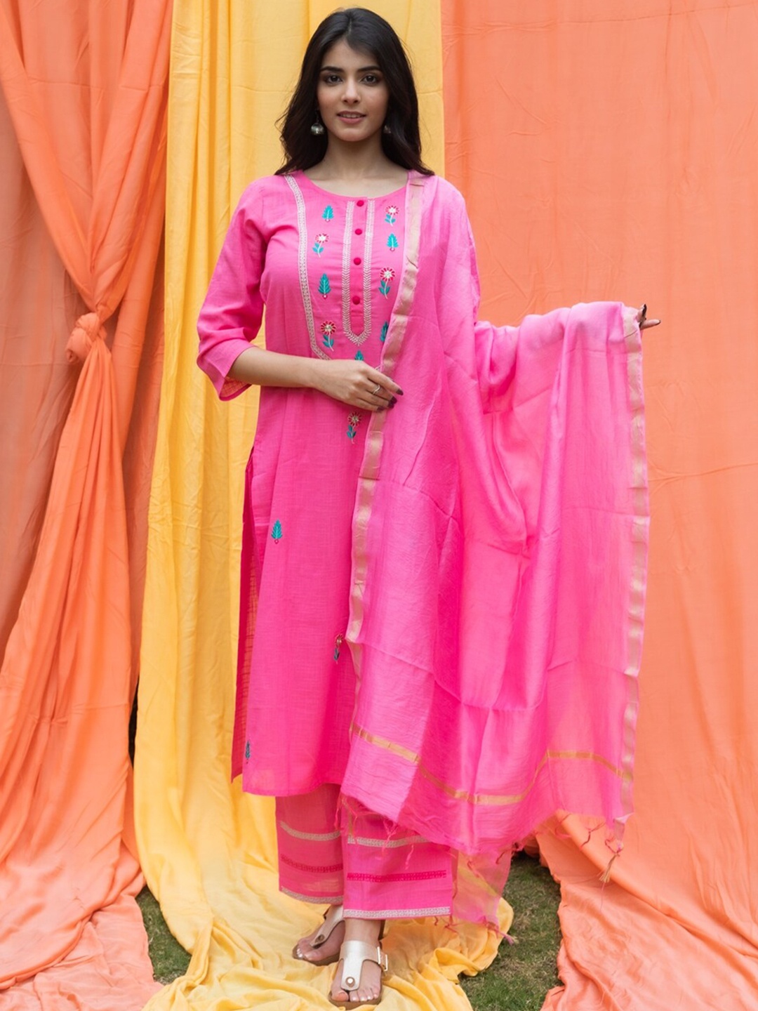 

SVARCHI Women Pink Pure Cotton Kurta with Palazzos & With Dupatta