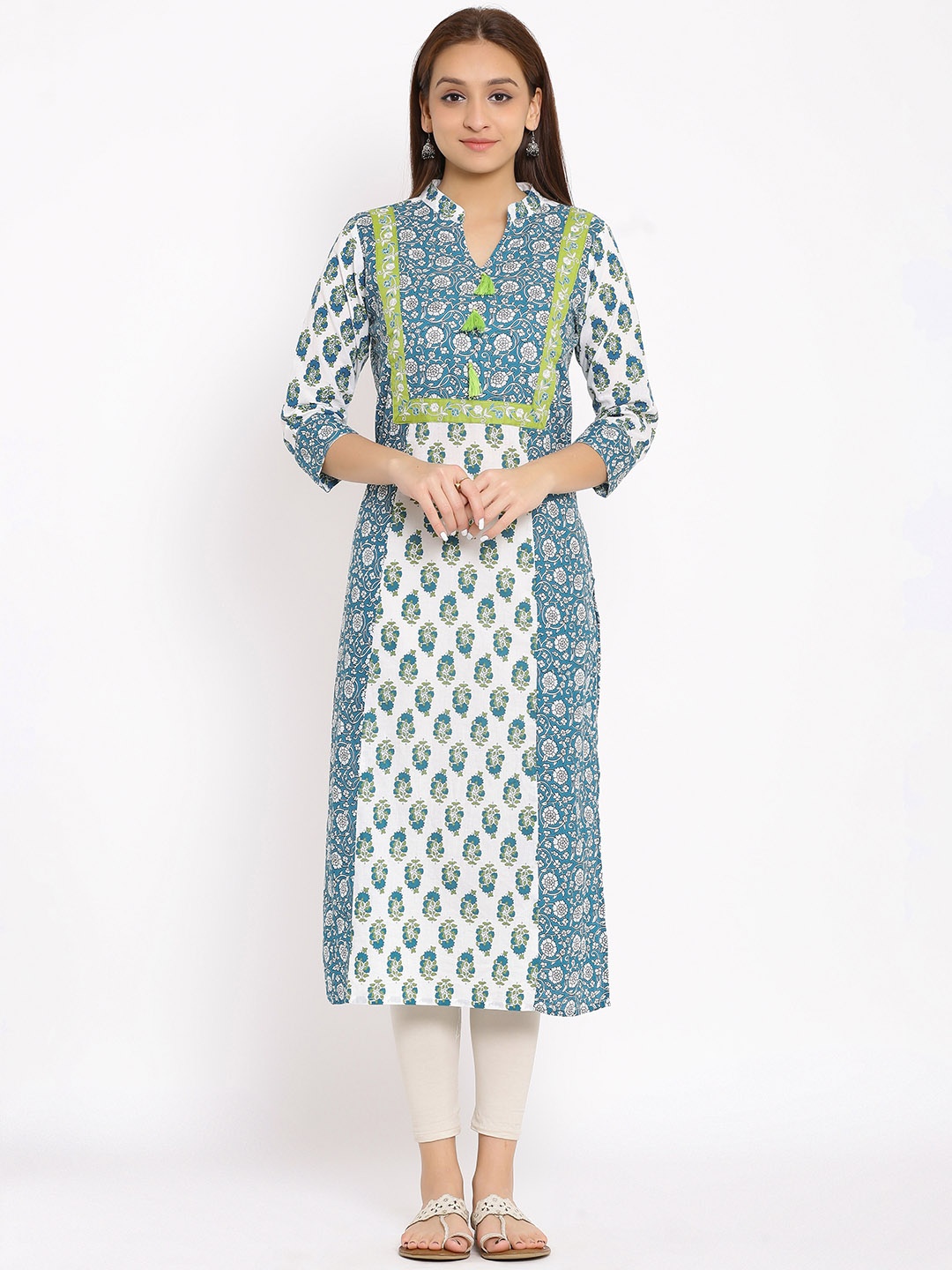 

SVARCHI Women White & Blue Ethnic Motifs Printed Cotton Kurta