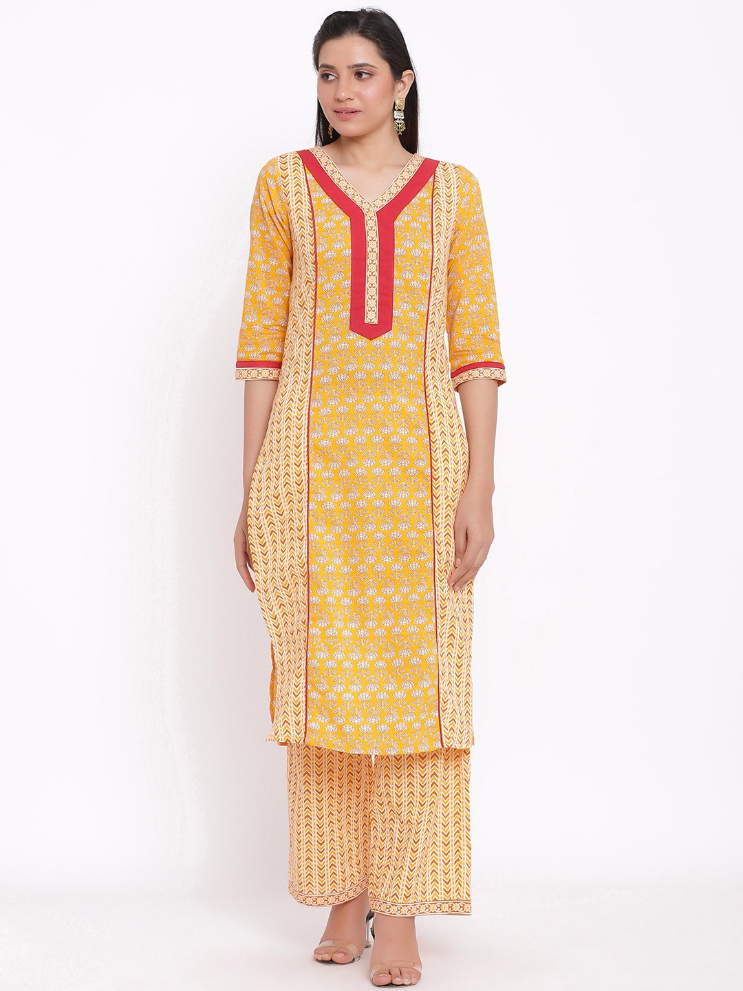 

SVARCHI Women Yellow Ethnic Motifs Printed Kurta with Palazzos & With Dupatta