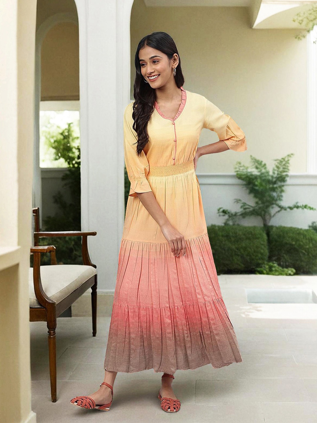 

AURELIA Women Yellow & Pink Solid Round Neck Maxi Dress
