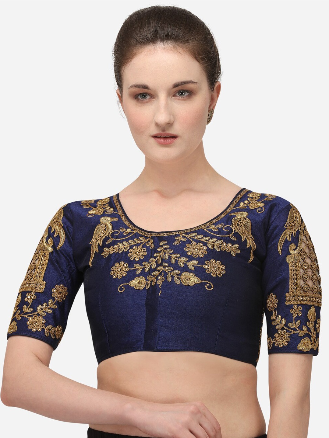 

Amrutam Fab Navy Blue & Gold-Coloured Embroidered Silk Saree Blouse