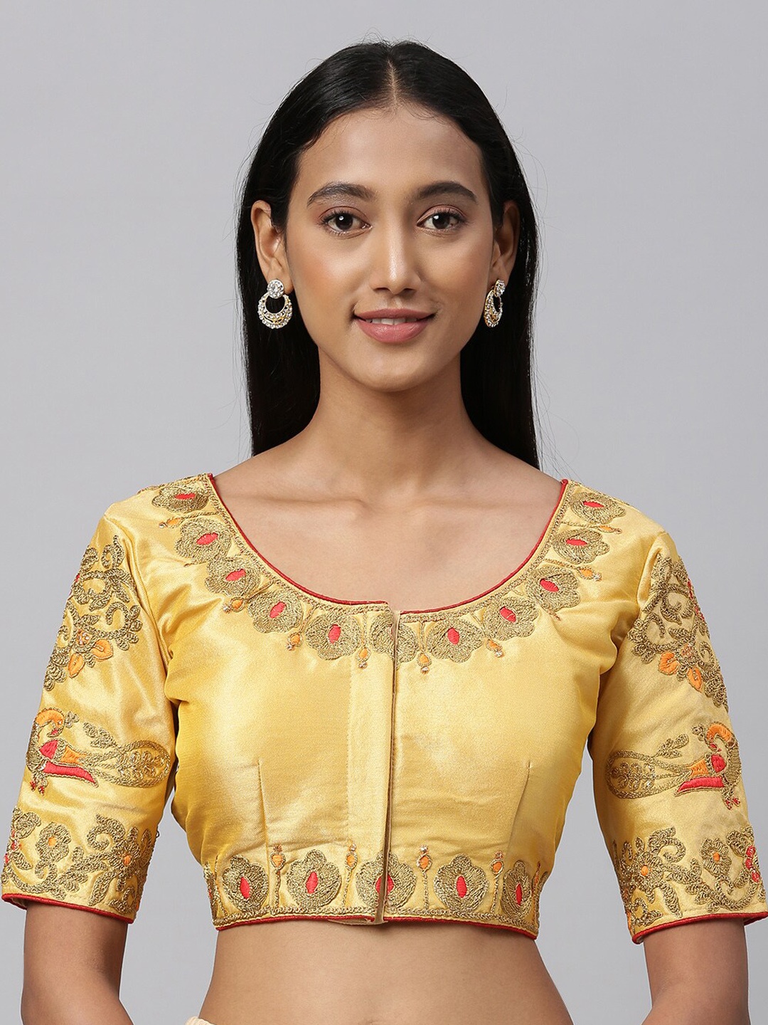 

Amrutam Fab Gold-Toned Embroidered Silk Saree Blouse