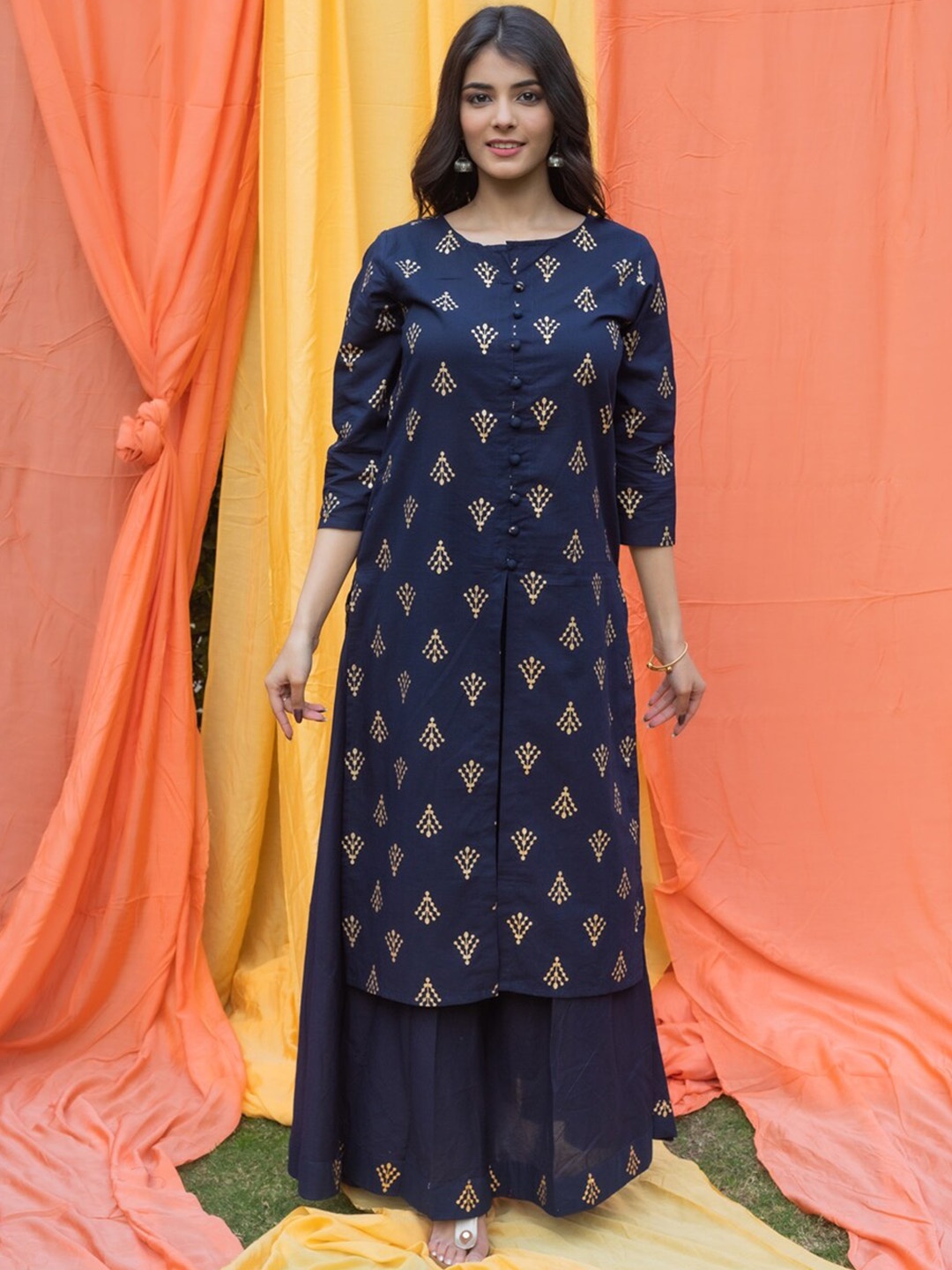 

SVARCHI Women Blue Ethnic Motifs Printed Pure Cotton Kurta with Palazzos