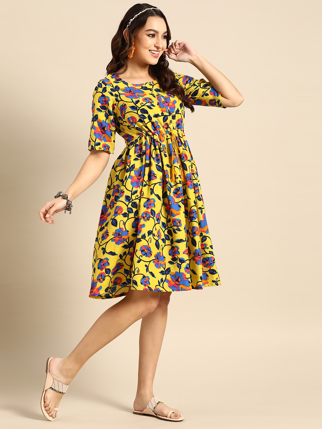 

Sangria Women Ethnic Motifs Print Fit & Flare Dress, Yellow