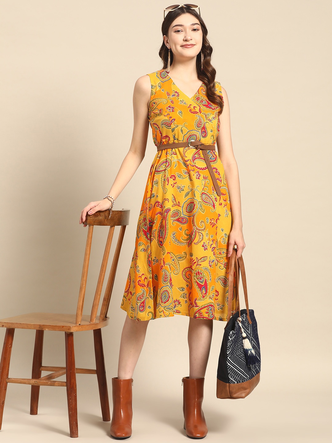 

Sangria Mustard Yellow & Red Pure Cotton Floral Ethnic Dress
