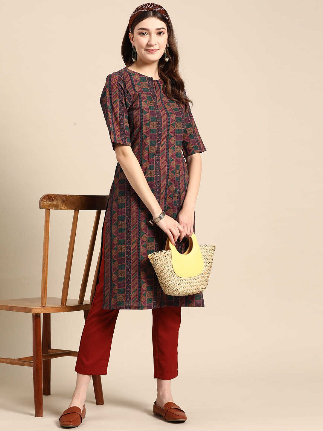 

Sangria Women Ethnic Motifs Printed Pure Cotton Kurta, Fuchsia